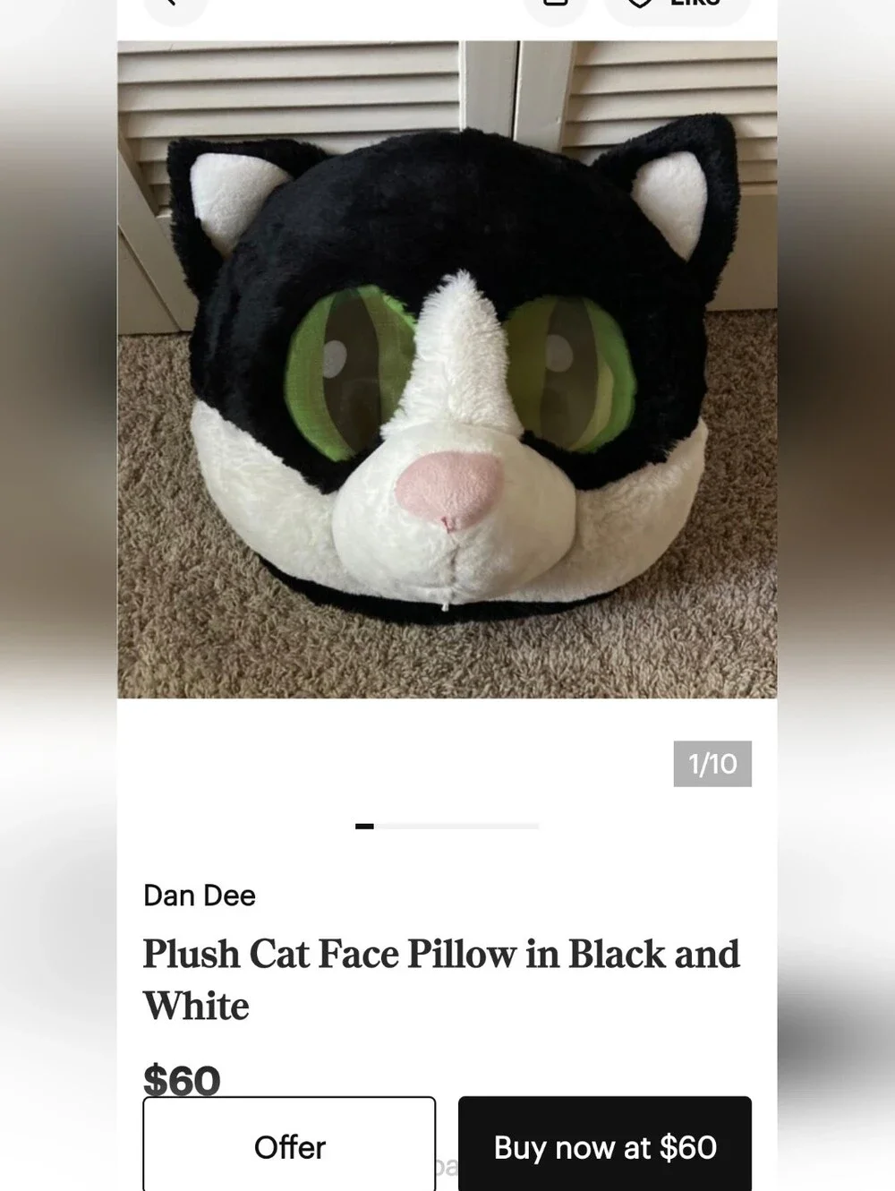 Dan Dee Plush Black & White Cat Head Toy